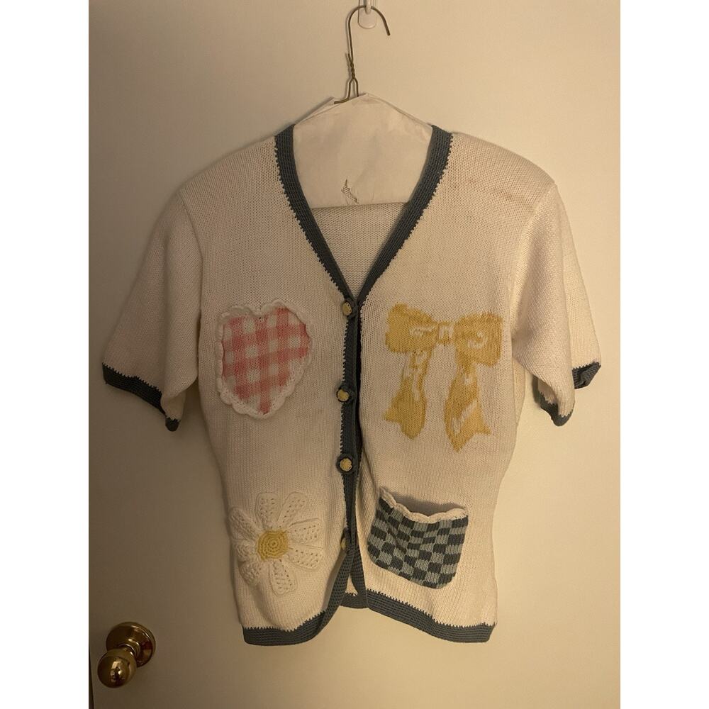 The Eagle’s Eye Spring Flower Sweater Short Sleeved Small 100% Cotton Button Up - Picture 1 of 9